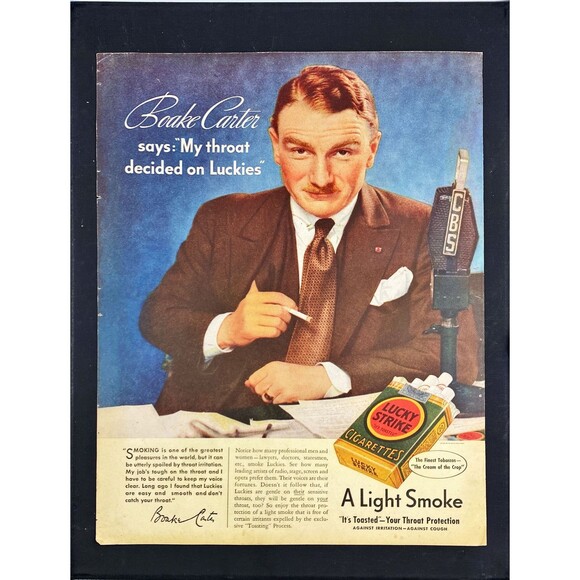Lucky Strike Cigarettes "Boake Carter says My Throat Decided" Vtg Print Ad 1937 - Picture 3 of 3